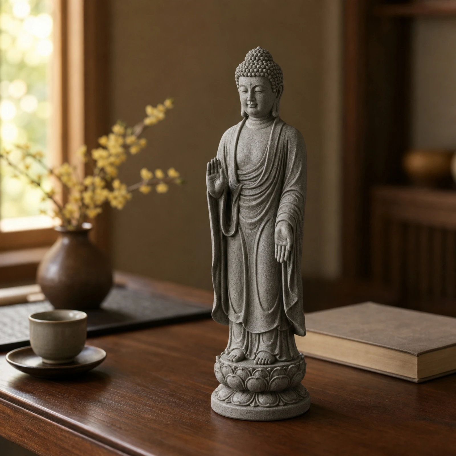 Standing Buddha Statue Sculptural Buddha Statue with Lotus Pedestal Standing Resin Figurine Serene Zen-Inspired for Buddhists