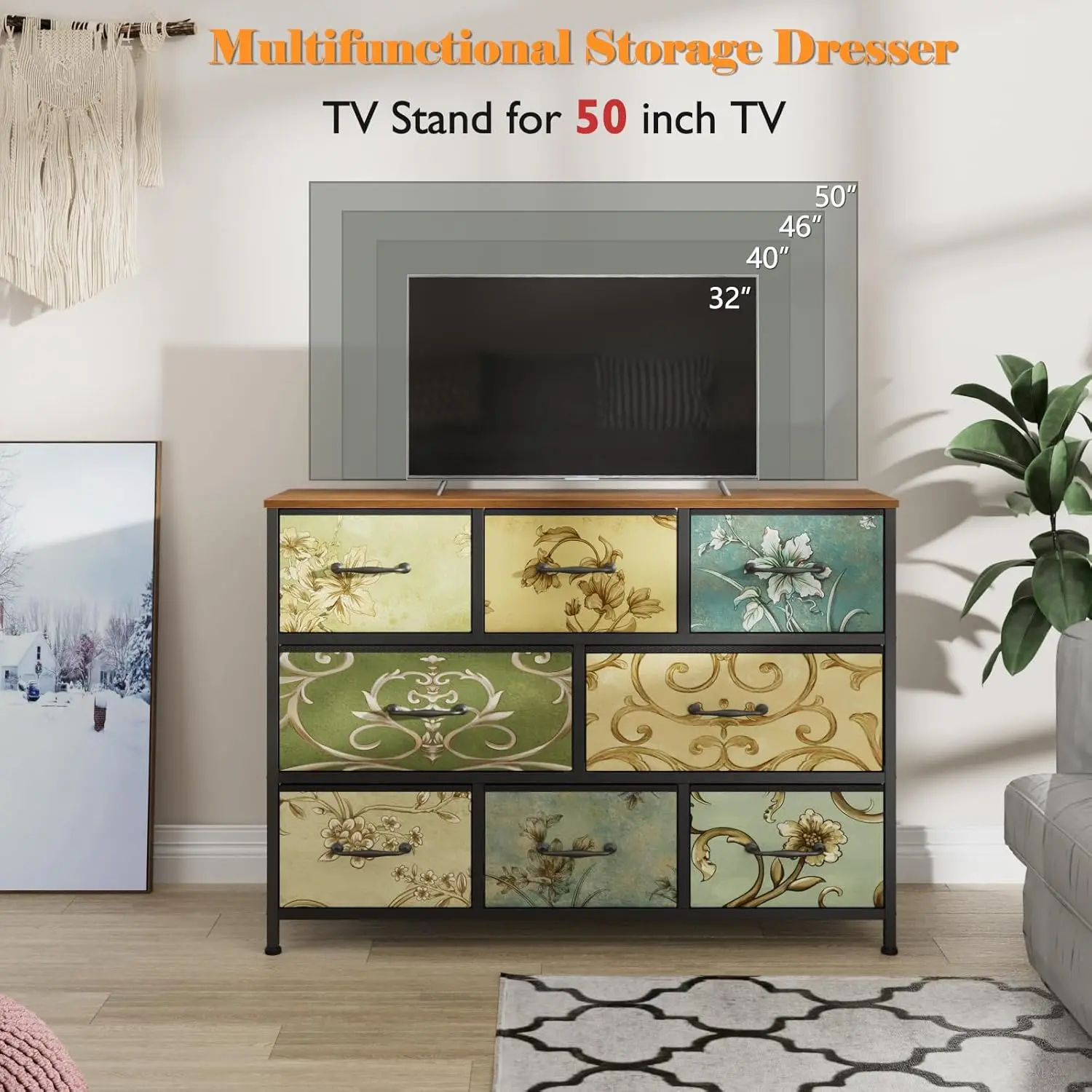 Commode à 8 tiroirs, commode large en tissu, meubles vintage pour chambre à coucher, salon, couloir, placard de rangement pour vêtements