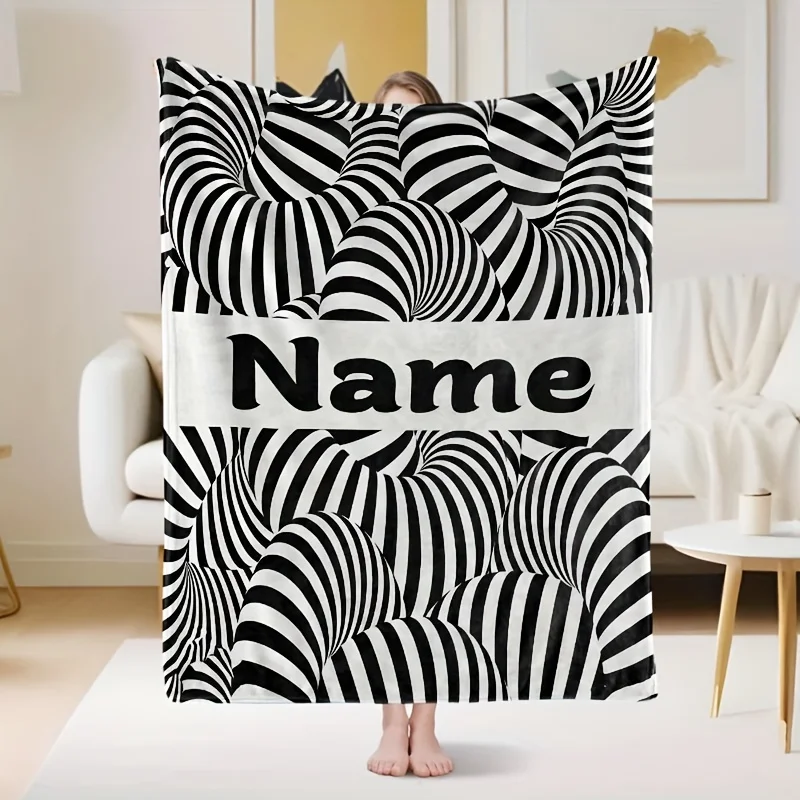 Custom name zebra pattern flannel blanket, suitable for sofa, bed, birthdays, children, friends, gifts