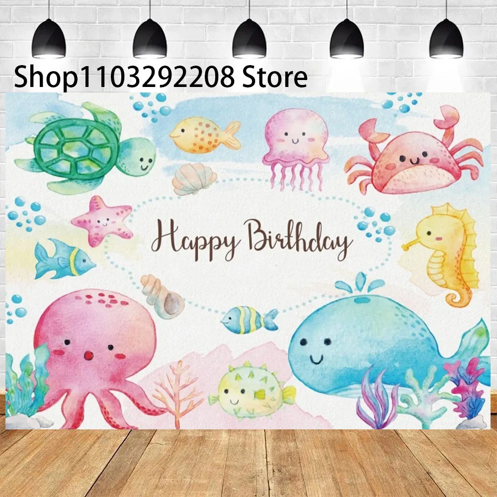 Summer Ocean Theme Cartoon Fish Kids Birthday Party Cute Underwater Dolphin Whale Background Event Decoration Baby Shower Prop ﻿