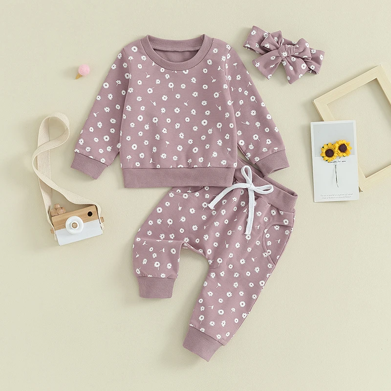 CuteKids Baby Girls Clothes Casual Children Outfits Long Sleeve Sweatshirt Sweatpants Headband  Floral Print Sets