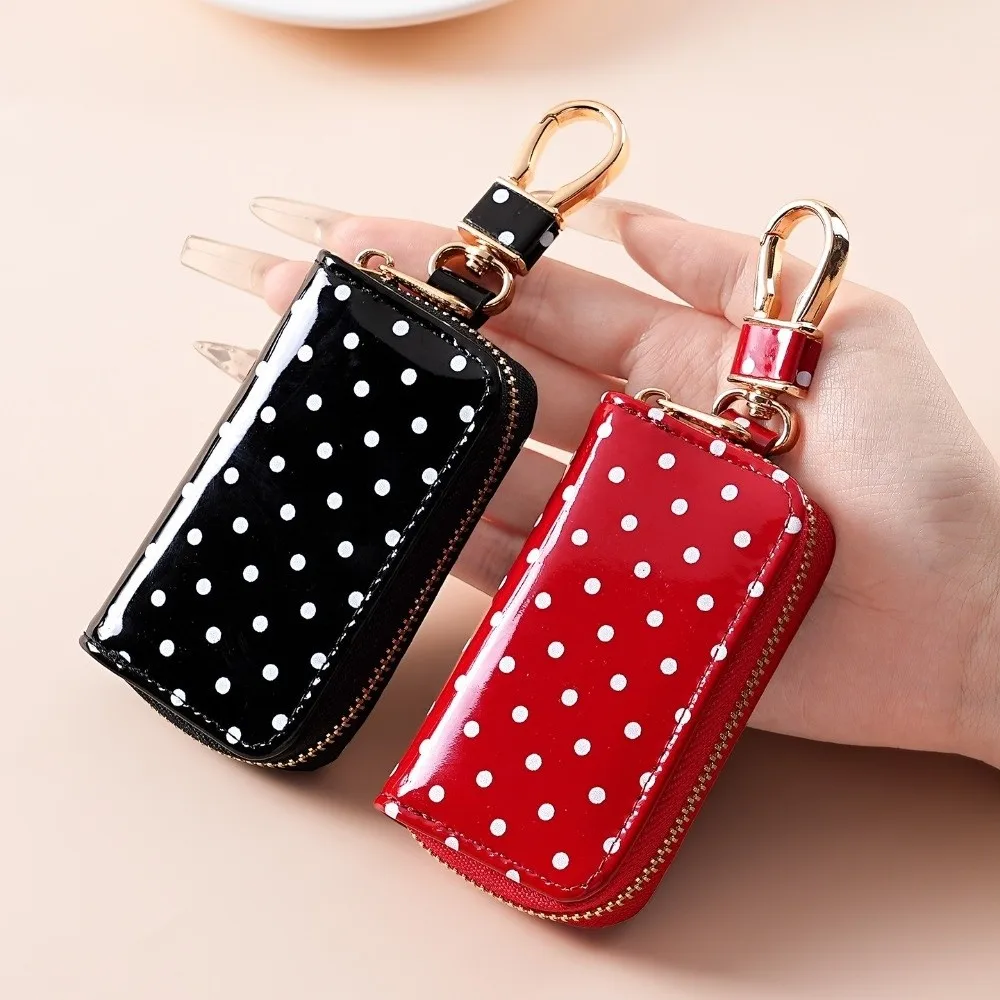 Durable Polka Dot Key Pouch Metal Clasp Compact Zipper Key Protection Cover Water Resistant Pu Leather Small Wallet Bag Pendant