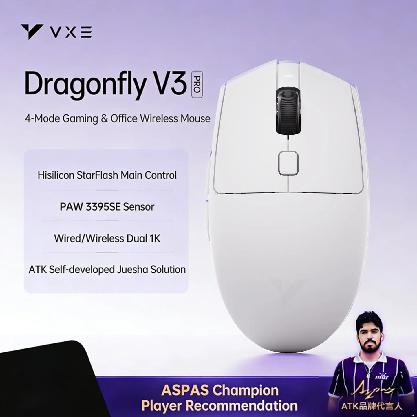 

ATK VXE Dragonfly V3 Pro Wireless E-sports Mouse 4-Mode Dual 1K Lightweight 520mAh PAW3395SE Smartspeed for Gaming Office Mouse