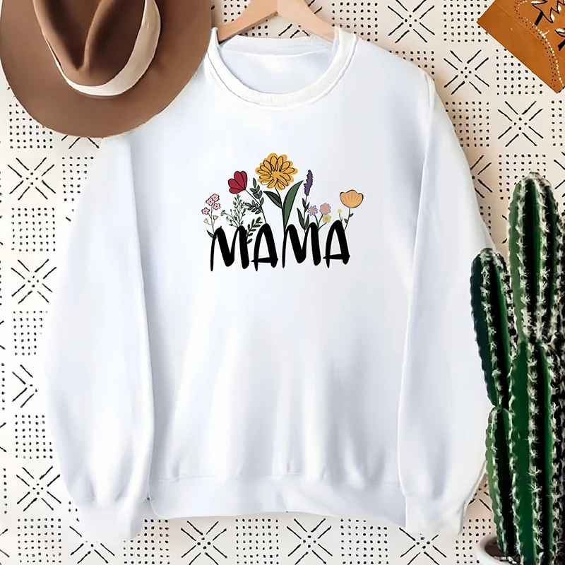 

Women's Sweatshirt Hand Painted Floral MAMA Print Round Neck Long Sleeve Drop Sleeve Loose Sweatshirt