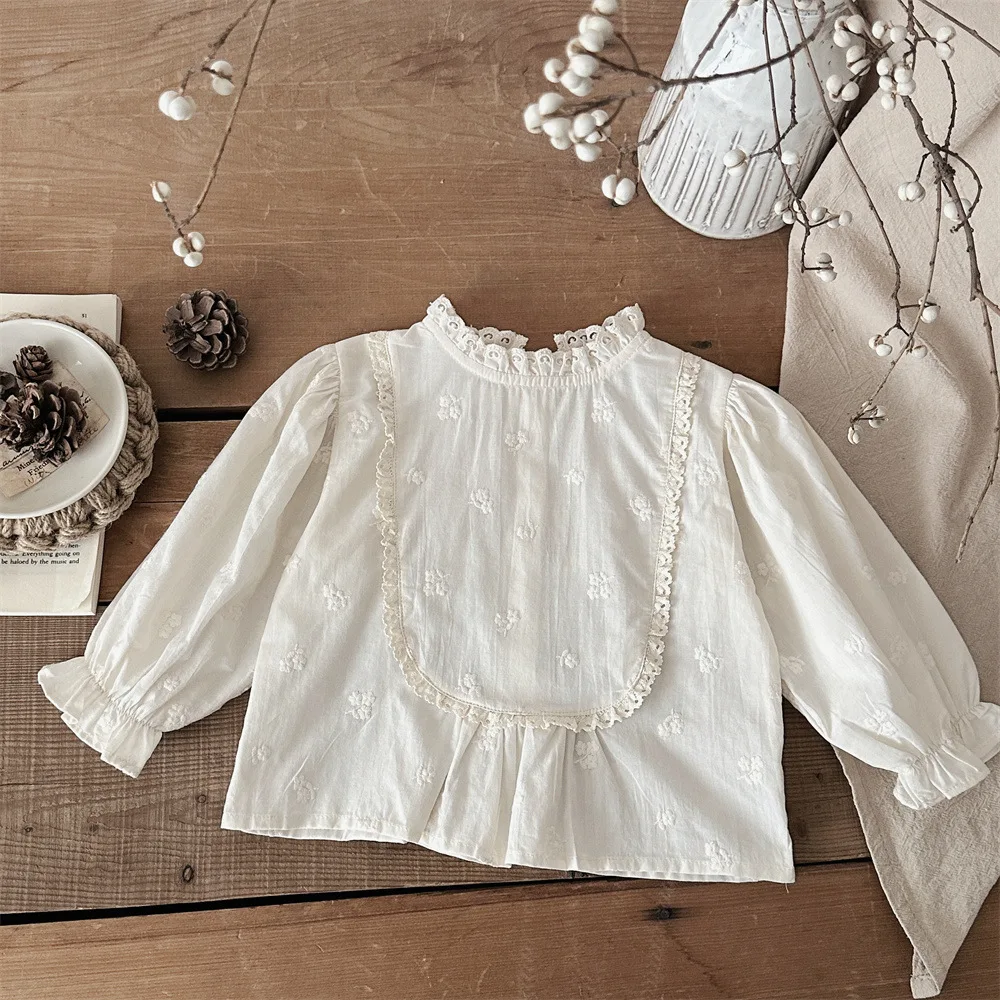 2025 Spring Autumn Infant Clothes Long Sleeve T-shirt For Girls Newborn Baby Kids Lace Stand Collar Embroidered Shirt Outfit