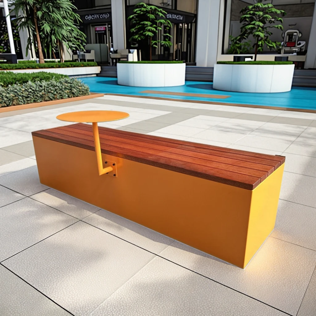 Commercial Fashion Bench with Round Small Table Public Garden Furniture Metal Base Match Solid Wood Slat Seating Long Bench