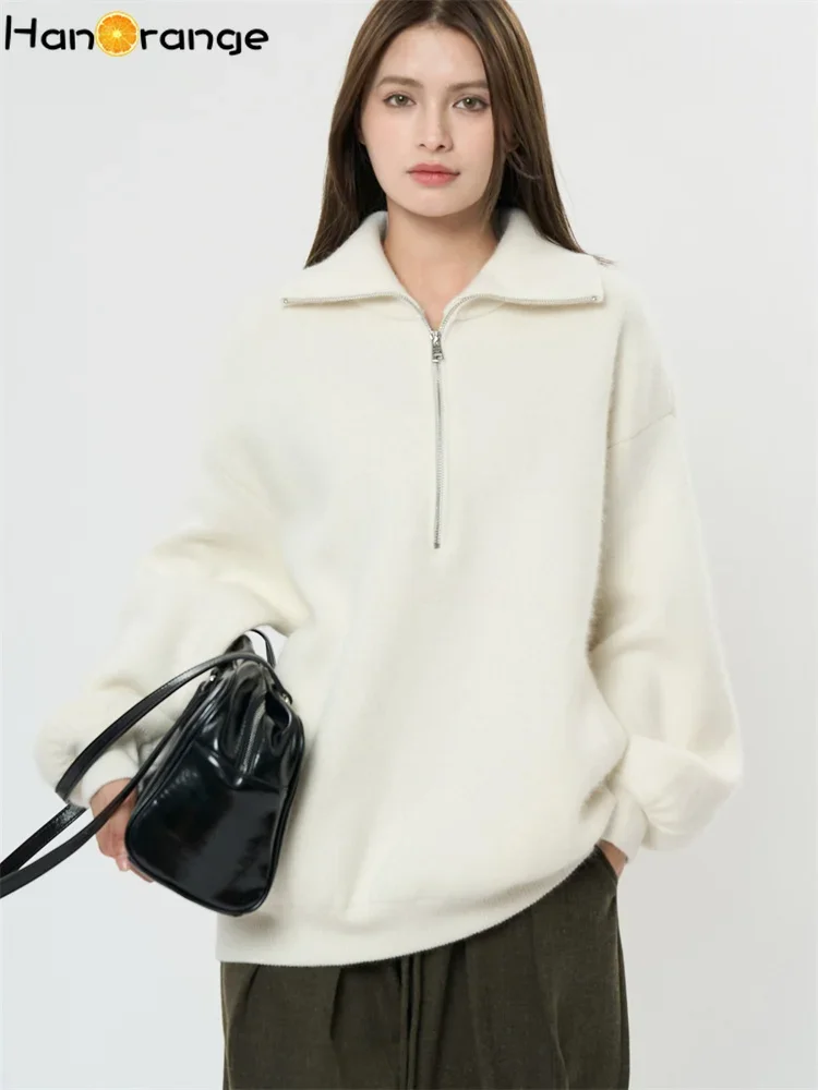 HanOrange 2024 Winter Fashion Silhouette Zipper Turtleneck Wool Sweater Women Thick Loose Top Pullover Apricot/Dark Gray