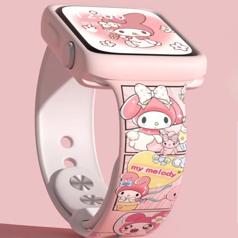 Sanrio Hello Kitty Kuromi My Melody Iwatch Watch Band Cute Anime Cartoon 38 40 42MM Apple Kawaii Silica Gel Watchband Girl Gifts