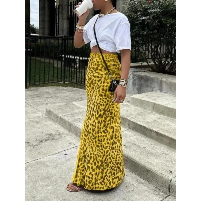 Plus Size 1XL-5XL Women Sexy Elegant Leopard Printed Skirt Women Fashion Elegant Slim Fit Long Skirt