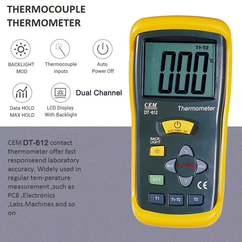 

CEM DT-612 Dual Inputs TYPE K Thermocouple Thermometer Range -50~1300ºC with Back Light and Option Thermocouple probes