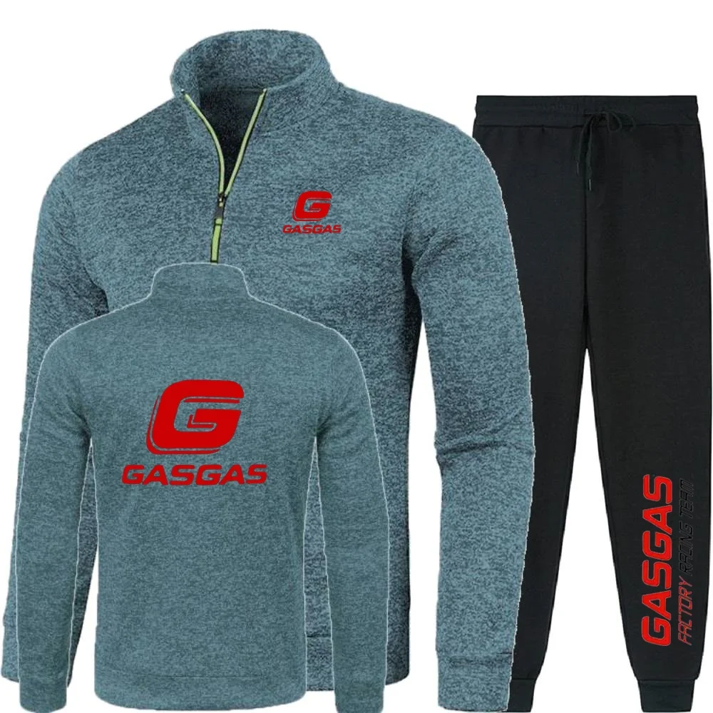 Fotografia 4: Homens 2 pçs conjuntos hoodies calças moletom meio zíper macio velo gola alta camisola gasgas fábrica equipe de corrida dos homens pulôver