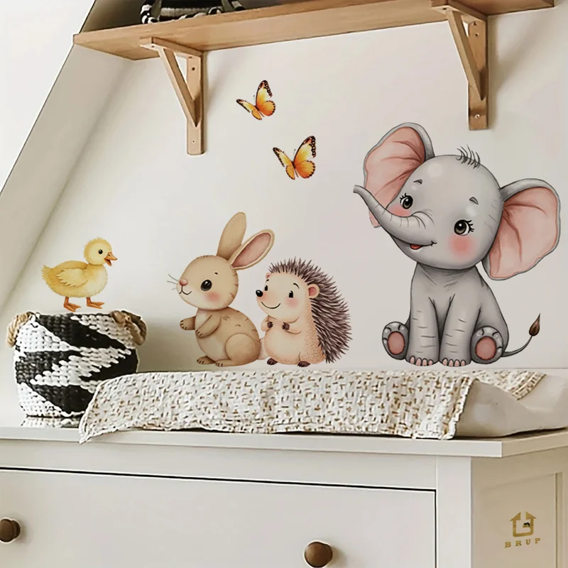 ملصق حائط على شكل حيوانات كرتونية - ملصق حضانة على شكل أرنب الفيل على شكل قنفذ، ديكور غرفة الأطفال قابل للإزالة، غرفة اللعب، جدار الفن المنزلي