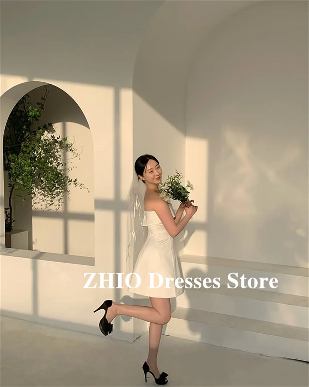 ZHIO Korte Satijn A-lijn Mini Korea Trouwjurken Fotoshoot Strapless Eenvoudige Bruidsjurken Rits/Korset Aangepaste Verjaardagsfeestje