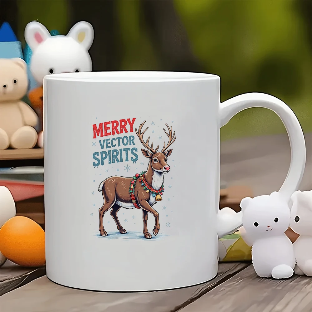 

11oz Cup + Christmas Reindeer Cartoon Pattern + Festive Bell Ornament Christmas Gift Kids Cup Family Office Coffee Cup
