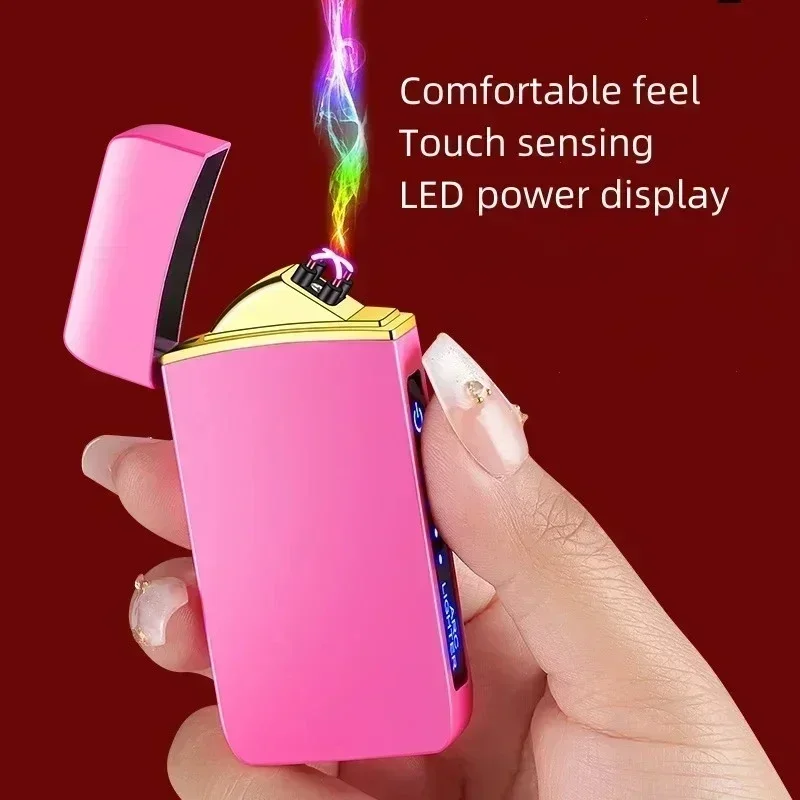 USB Rechargeable Electronic Lighter Double Arc Flameless Plasma Electric  Lighter Metal Windproof Touch LED Power Lighters Gifts