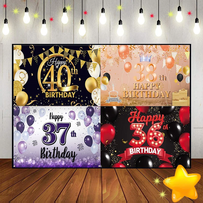 Happy 36th37th38th39th40th Birthday Background Diverse Photography Lantern Decoration Gold Blue White Backdrop Waterproof Photoc