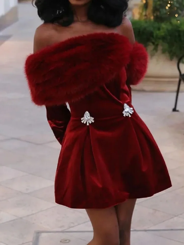 

Женское рождественское платье без бретелек с высокой талией, осеннее новое плюшевое лоскутное вечернее платье, 2025 г., элегантное бархатное однотонное короткое платье