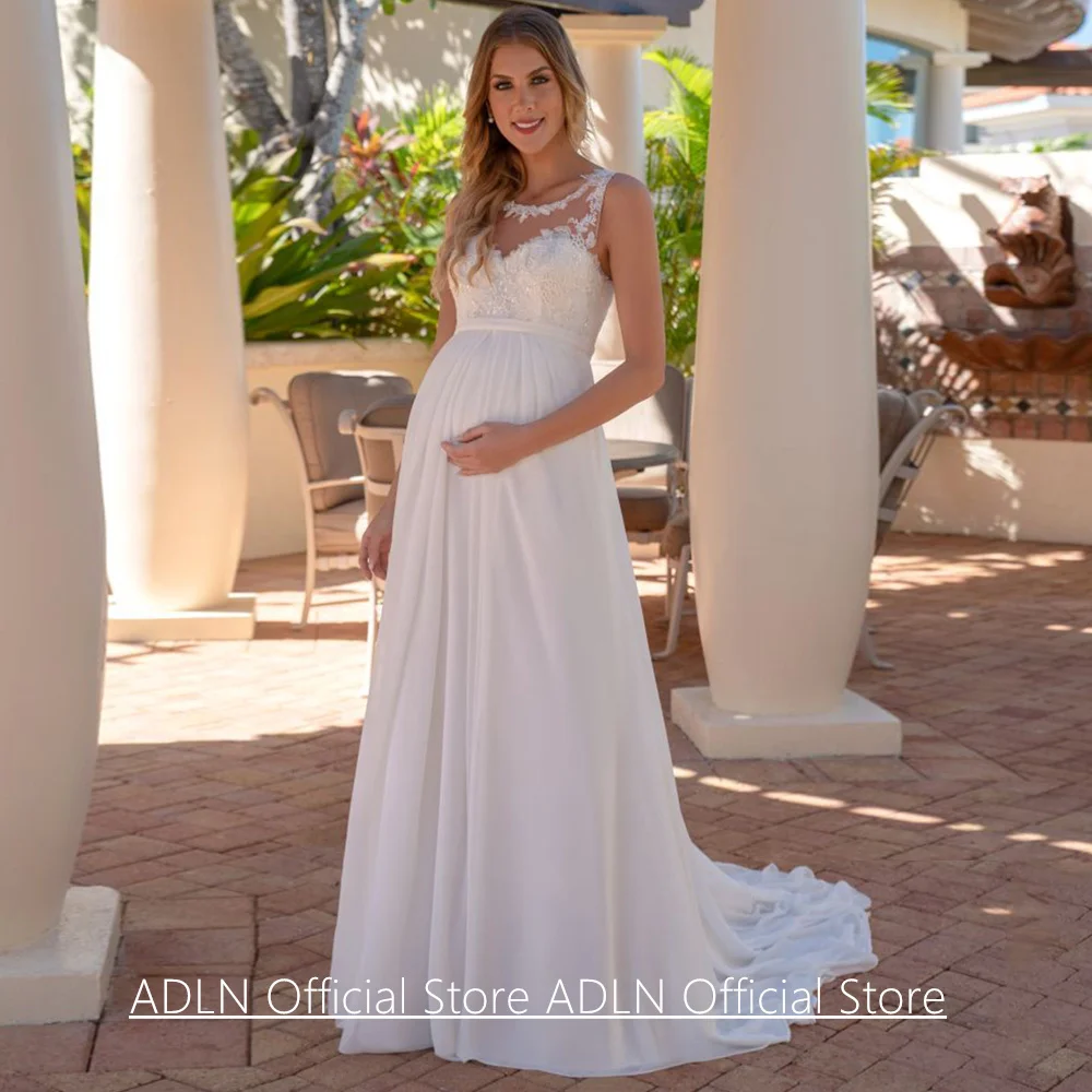 Customized Wedding Dress for Pregnant Bride Cheap Cap Sleeve Round Neck Applique Summer Chiffon Sweep Train Bridal Gown