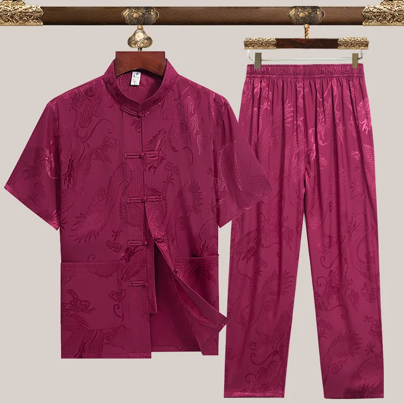 Short Sleeve Vintage Tang Suit Chinese Style Clothes Dragon Print Kong Fu Top Set 2Pcs Trousers Satin Hand Button Clothing