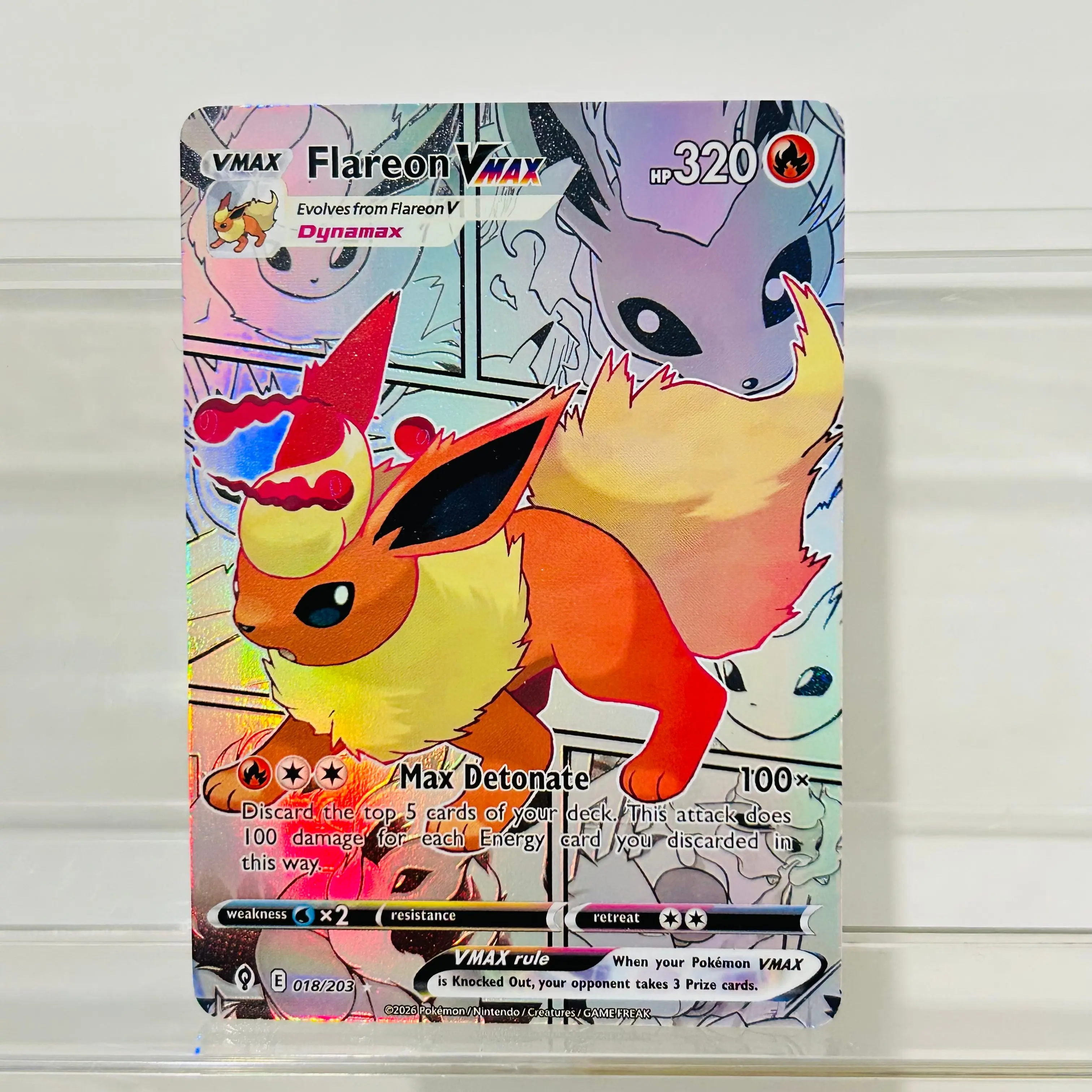 

Pokemon English Version Flareon Vmax 018/203 DIY Holographic Foil Texture Card, Perfect Condition Premium Anime Collection Card