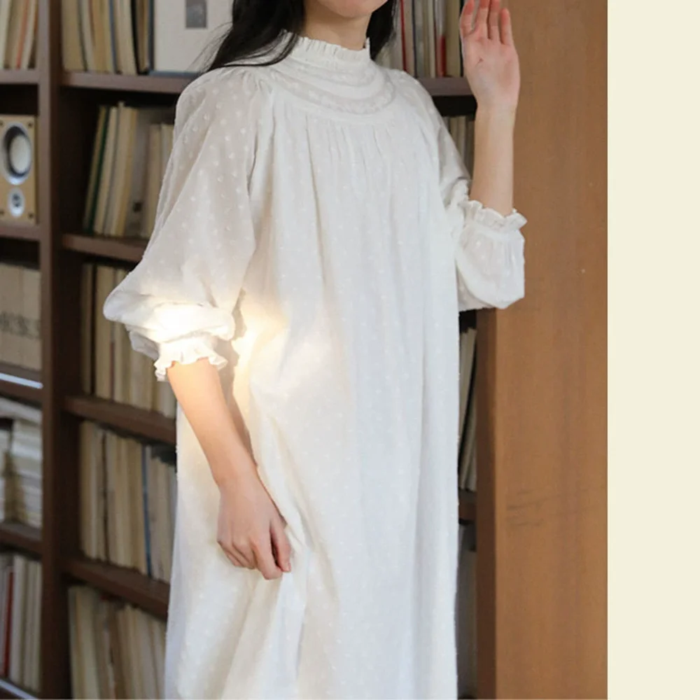 2026 New French Ruffled Lace Retro High-end Fairy 100 Pure Cotton Long White Nightdress Women Loungewear Pajamas Nightgown Robe