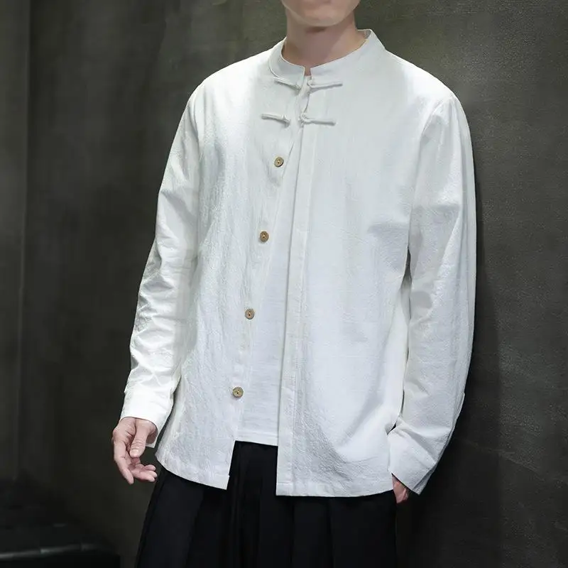 

Мужская хлопково-льняная рубашка средней длины на пуговицах, повседневный стиль, удобная дышащая ткань, этнический дизайн