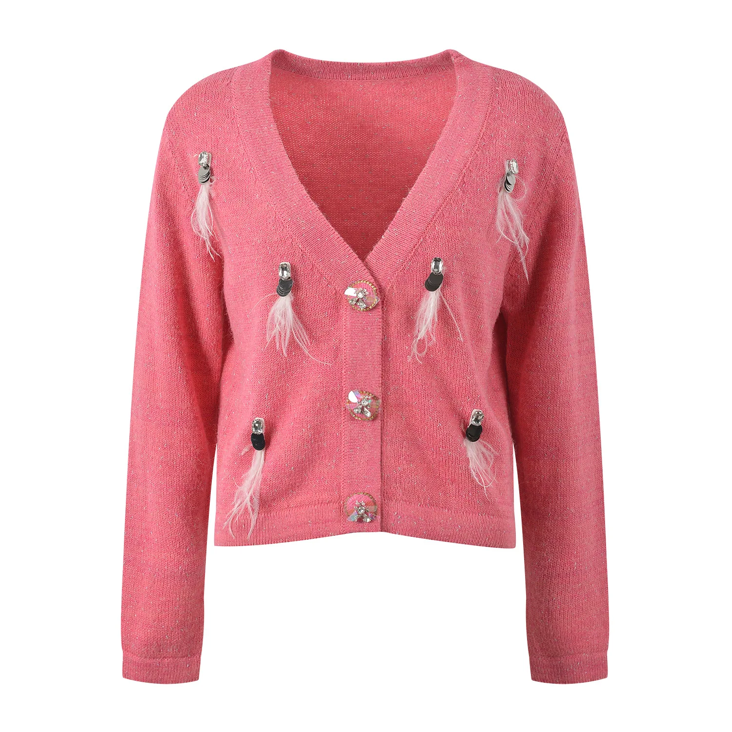 ZJYT Autumn Winter Sequined V Neck Cardigan Sweaters for Women Long Sleeve Knitted Tops Pink Jersey Mujer Fashion 2024 New