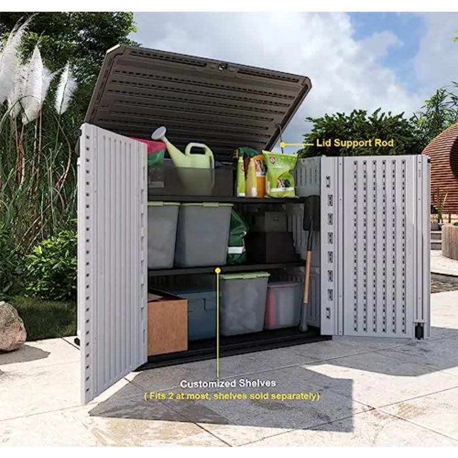 Outdoor Storage Shed - Horizontal Waterproof Storage Box for Garden, Patios, Backyards; Off-White Polyethylene; Multi-Opening D