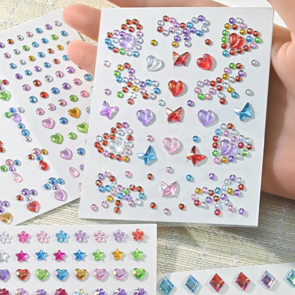 6 Stück/Set 5D gemischte bunte Diamant-Gesichtsstein-Aufkleber, glitzernde Sterne/Herzen/Blumen/Tropfen-Design-Strass für Augen/Gesichtsaufkleber – Detail 4