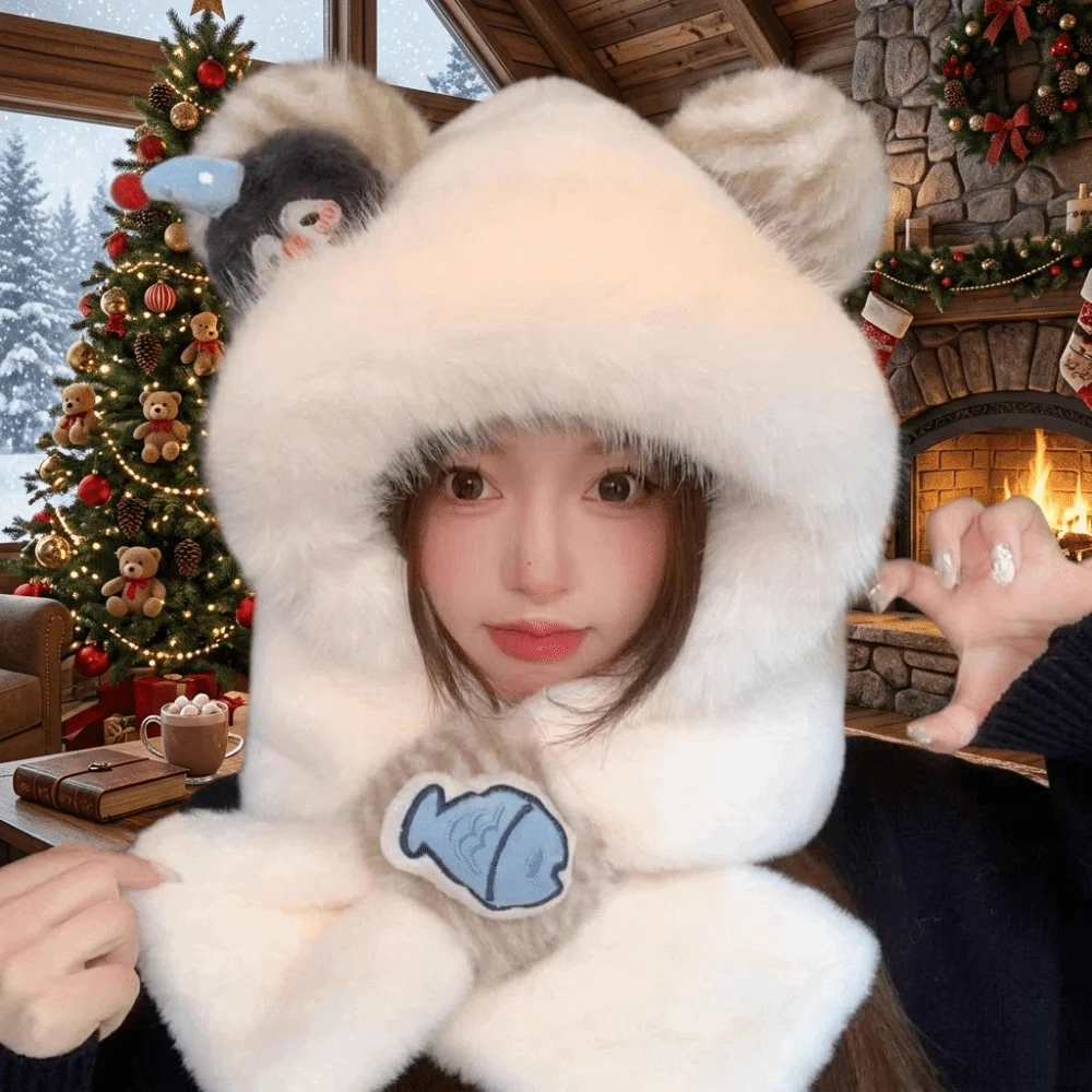 Windproof Penguin Hat 2-in-1 Design Thick Winter Balaclava 56-58CM Polyester Material Ear Protection Thermal Hat Scarf