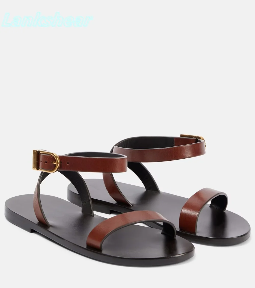 

Brown Flats Round Open Toe Sandals Ankle Strap Buckle Solid Summer Women Shoes Sexy Outdoors Luxury 2025 New Arrivals Sandals