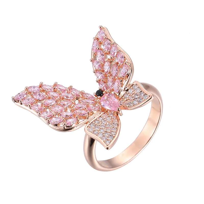 UILZ Korea Cute Girly Pink Butterfly Rings For Women Girls Fashion Rose Gold Plated Wedding Ring Party Jewelry