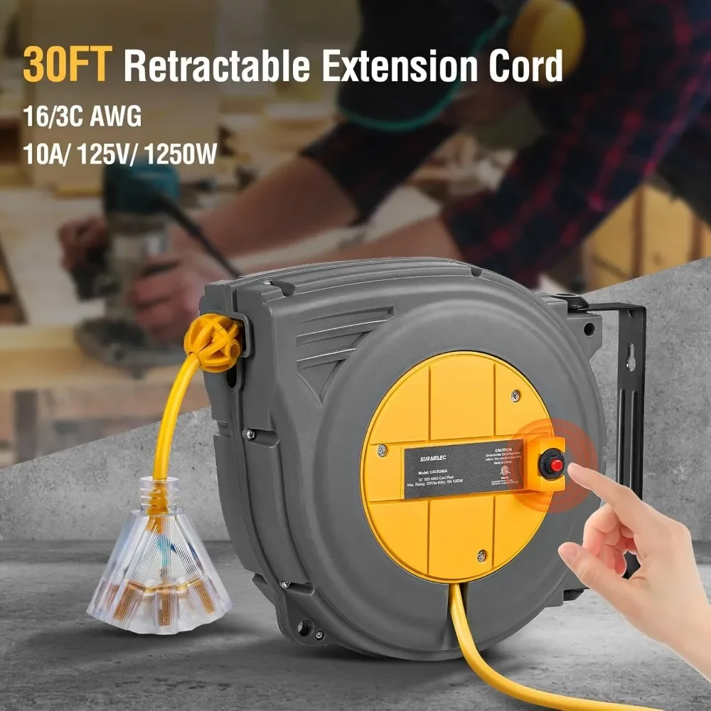 30 FT Retractable Extension Cord Power Cord Reel ，3 Electrical Outlets Triple Tap, 10 AMP Circuit Breaker ，Ceiling Hanging