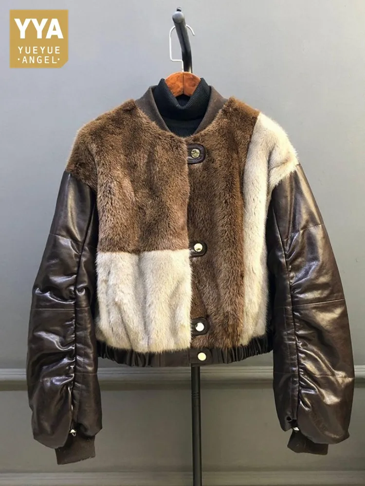 Moda inverno donna pelle bovina vera pelle impiombata vera pelliccia di visone giacca vintage o collo monopetto allentato piumino d'oca
