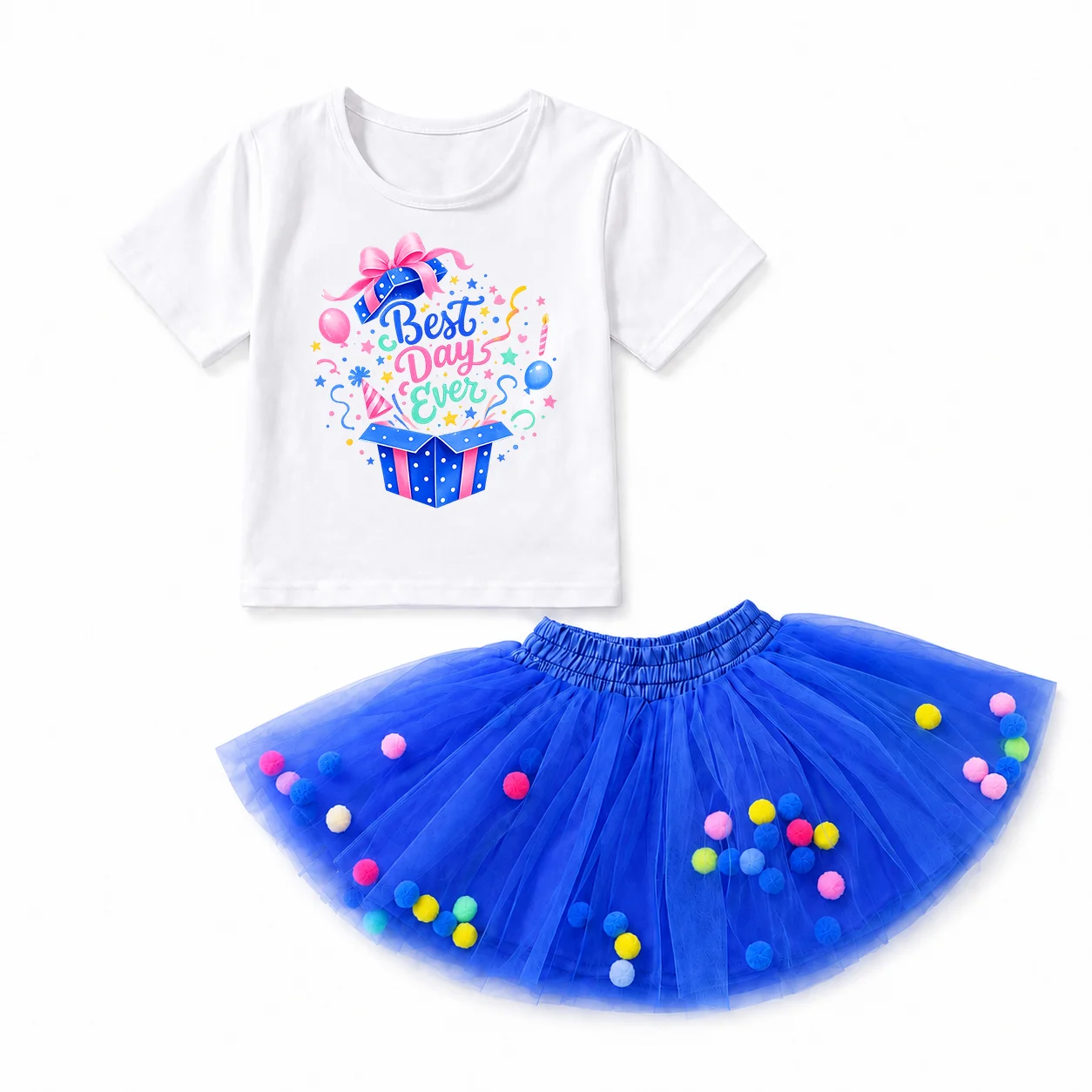 Girls Birthday 2 Piece Outfit Best Days Ever Gift Box Print White T Shirt Blue Pom Pom Tutu Skirt Set Kids Summer Party Costume
