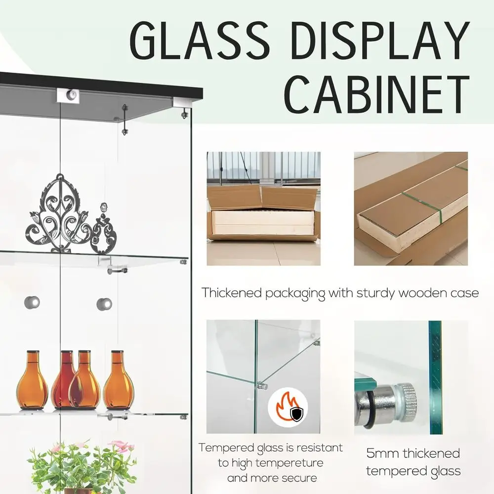 Double Door Lockable Glass Curio Cabinet, 4-Tier, 65H x 32L x 14W, Black for Living Room/Bedroom