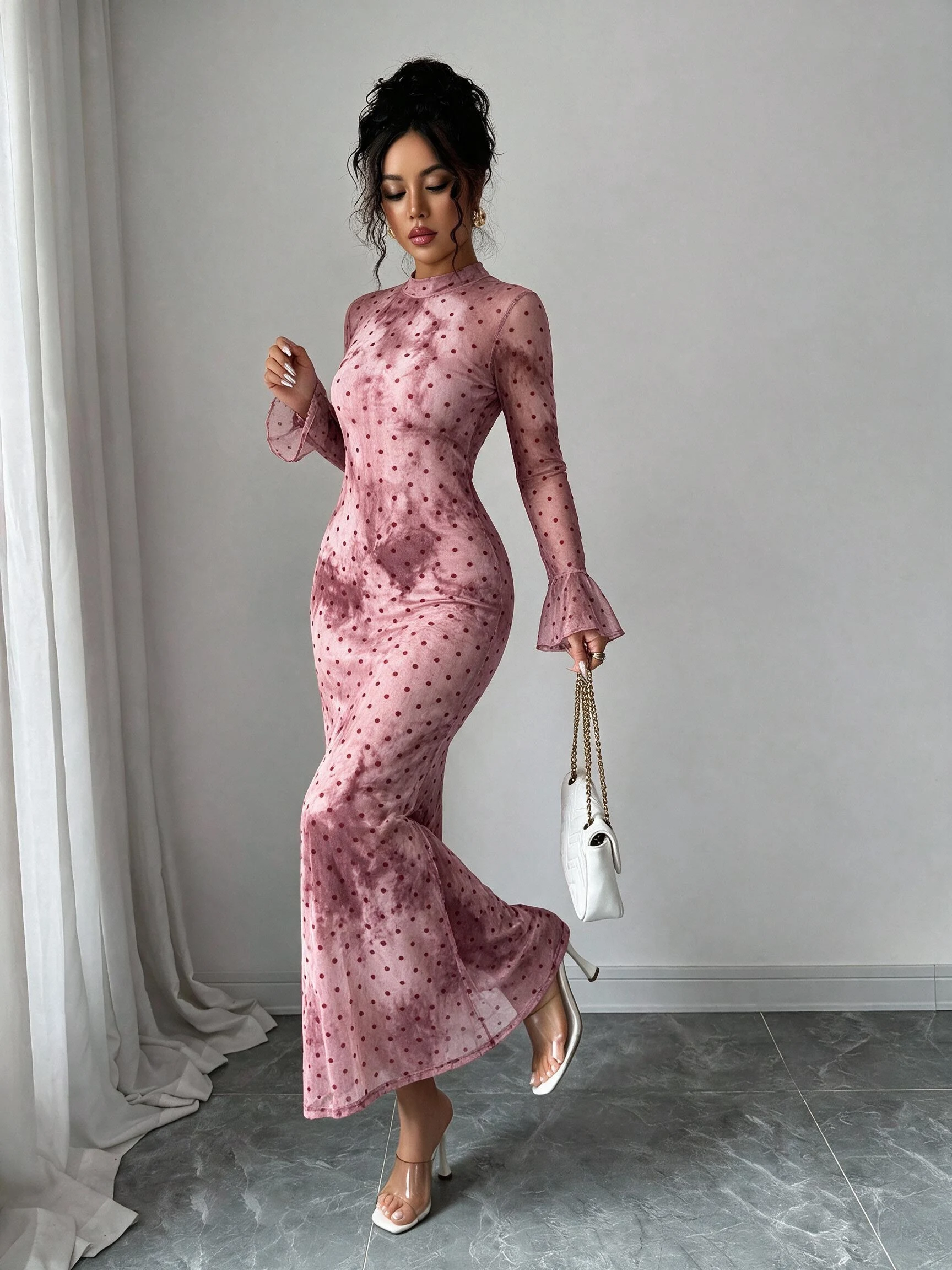 Damen Mesh Langarm Blumenmuster Maxikleid mit ausgestellten Ärmeln, figurbetontes Meerjungfrauenkleid, elegantes Abendkleid für Party und Clubwear. – Detail 11