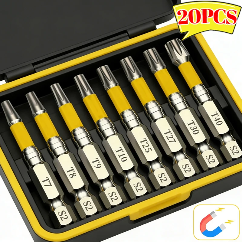 

20/10pcs T7-T40 Magnetic Screwdriver Bits High Torque S2 Steel Torx Star Drill Bit with Base for Woodworking Hand Tool Fasteners