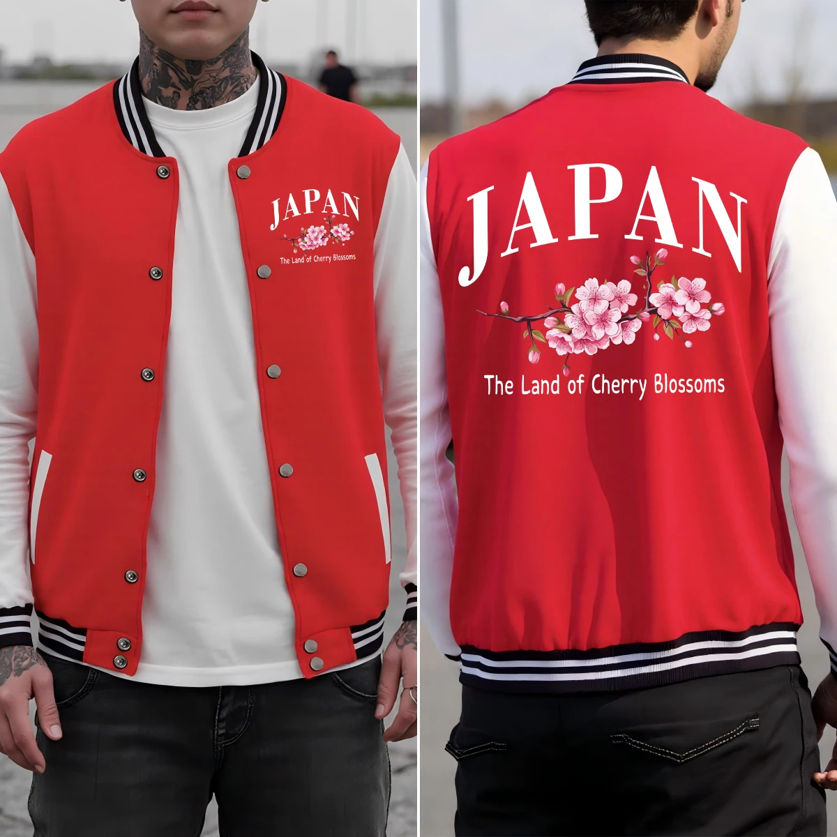 

Japan Cherry Blossoms Pattern Men Baseball Uniform Colorful Casual Jackets Cotton Loose Unisex Clothes Autumn Sportswear