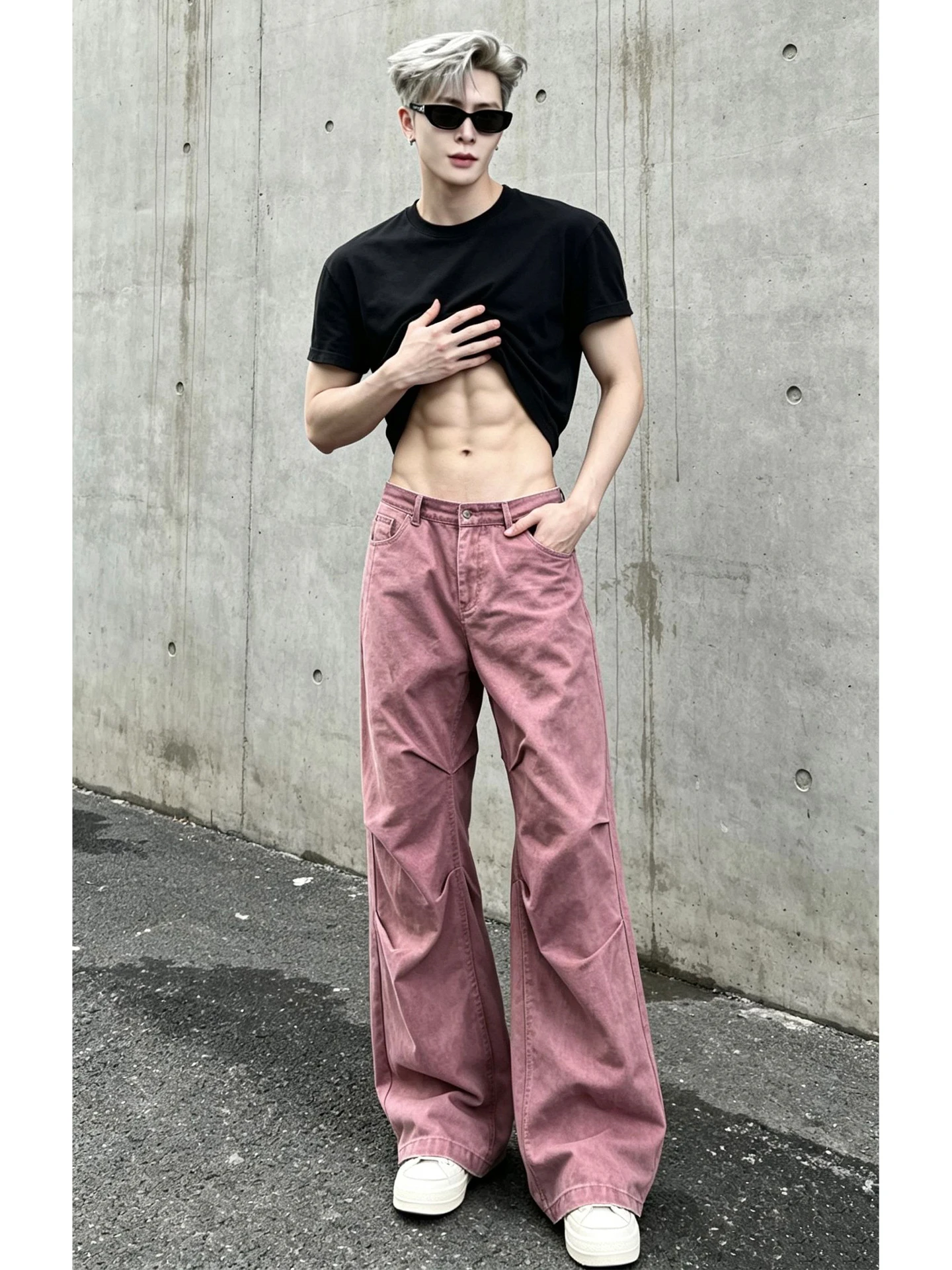 Pink American Folded Knife Pants Men's Casual Straight Leg Workwear Trousers Cool Handsome Loose Fit Summer Fashion Brand
