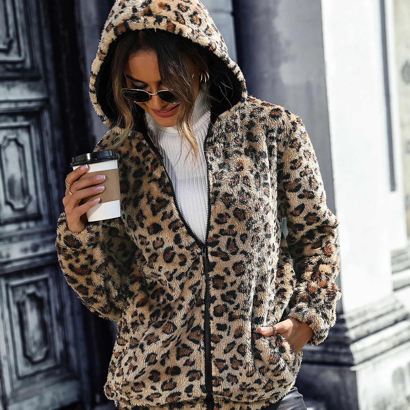 Autumn Winter Women\'s Hooded Long Sleeve Leopard Print Coat  Casual Jacket