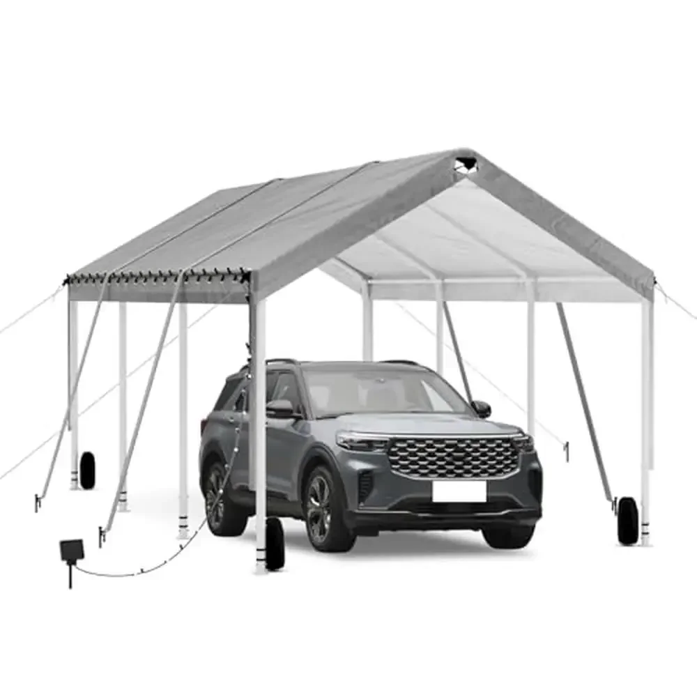 Portable Carport Garage Canopy 12X20 Heavy Duty Adjustable Height Solar Lights Windproof Sandbags Anti-UV Waterproof Steel Poles