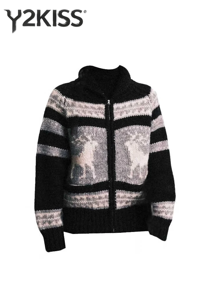 

Autumn Winter Women's Cardigan Jacket Fair lsle Knitting Turn-down Collar Cuddly Sweater Thick Christmas Knitwear Jerseys Jumper