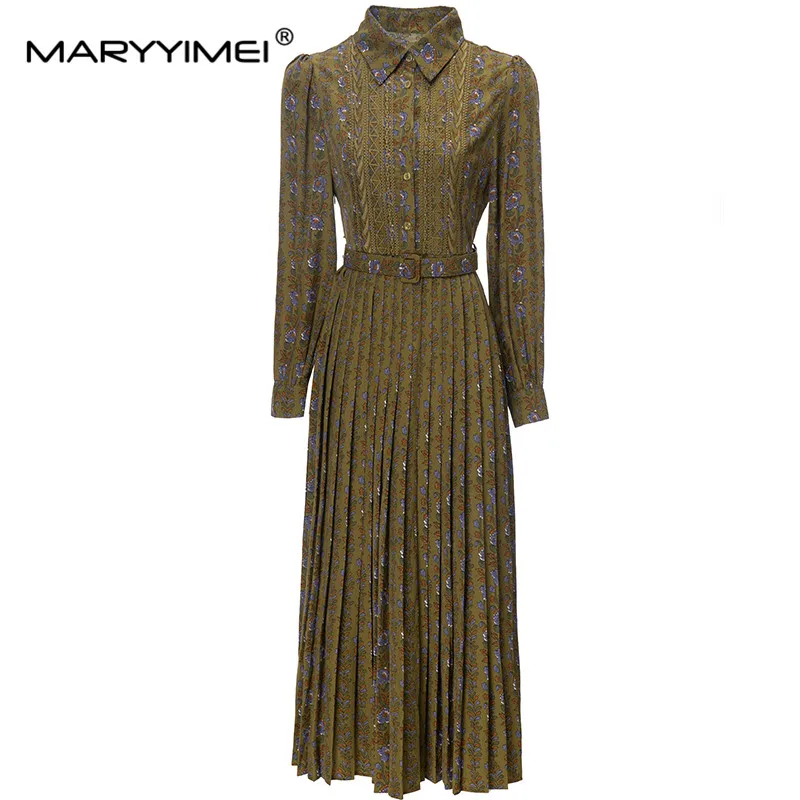 

MARYYIMEI Fashion Designer Women's Lapel Long Sleeve Silk Cotton Printed Splice Pressure Pleated Single-Breasted Big Swing Dress