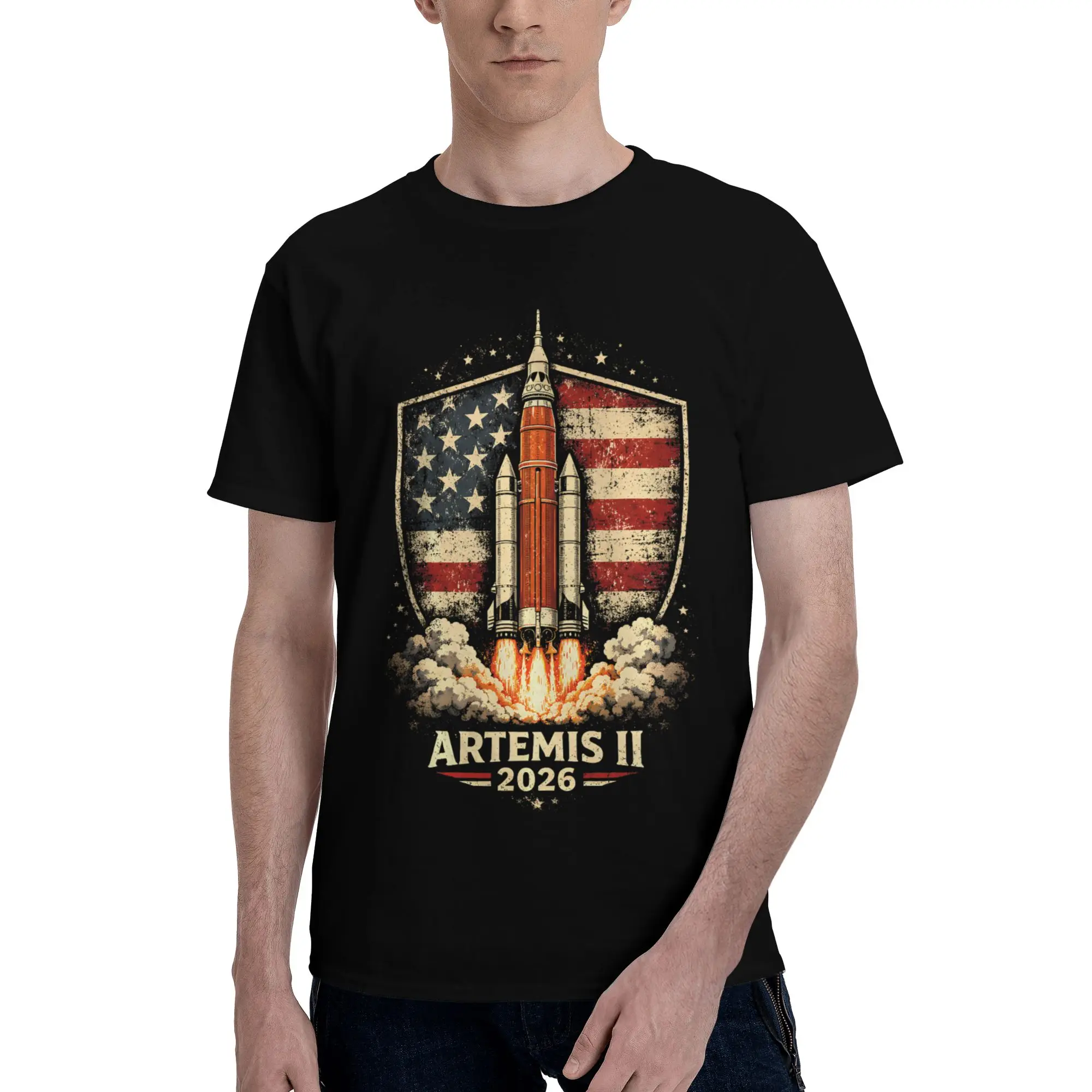 2026 USA Moon Mission Rocket Launch Space Model Funny 100% Cotton T-Shirt Artemis ii Tees Tops For Men