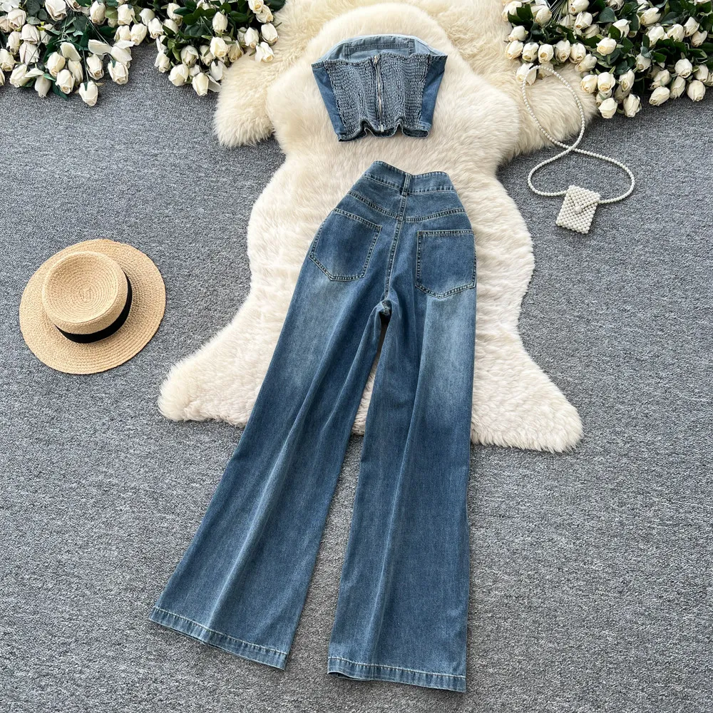 Denim Outfits for Ladies 2pc Jeans Set Casual Mature Style Sleeveless Straight Top Wide Leg Pants Denim 2 Piece Set Women 2026