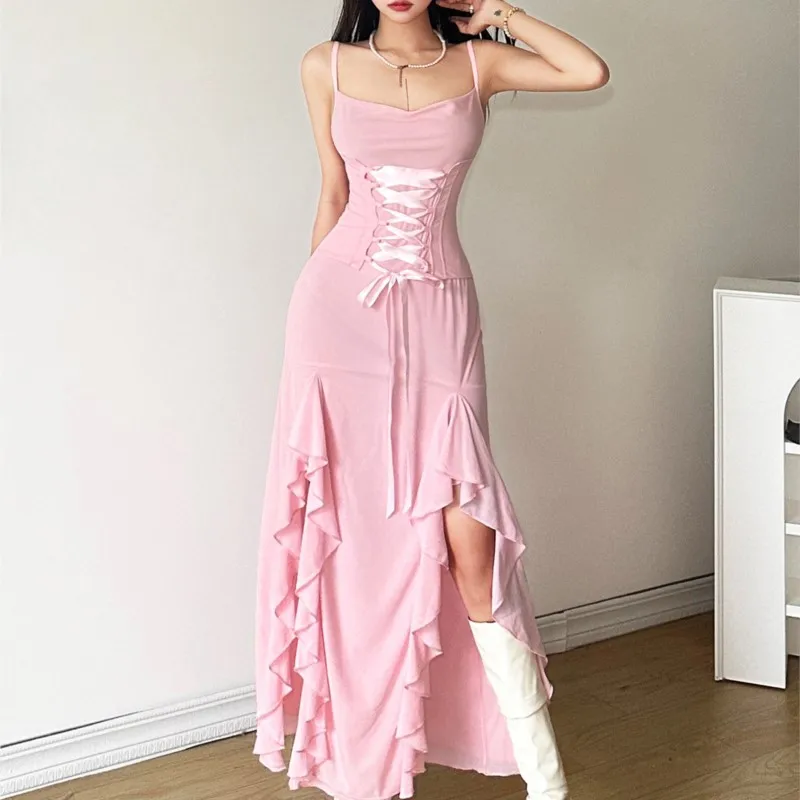 

Tea Break Ruffled Light Canopy Girl Pink Lace-up Waist Slimming Figure Slip Dress Women