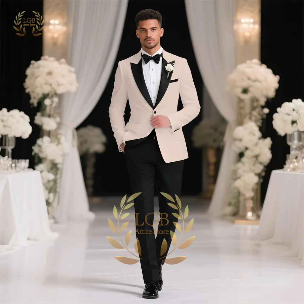 

Wedding Party Elegant Attire: Men's Custom Made Beige 2PC Set with Slim Fit Black Satin Peak Lapel and Black Pants