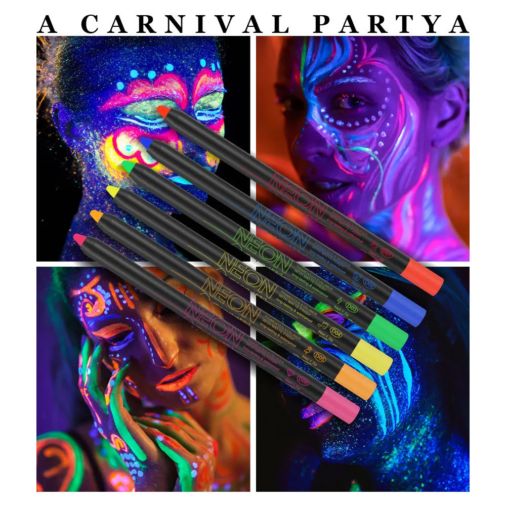 6 Color Eyeliner Foam Pencil Color Fluorescent Eyeshadow Long-Wearing Shimmer Eyeliner Stick Non-smudgy Lasting Halloween Makeup