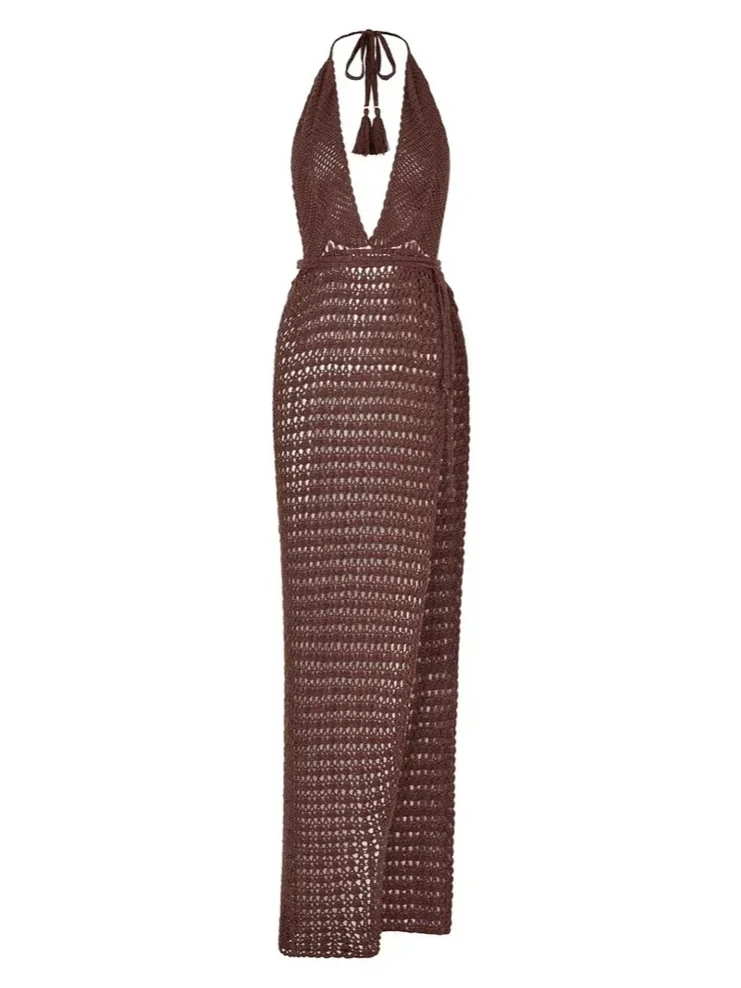 Robe longue de plage en tricot pour femme, été 2026, sexy, col en V profond, dos nu, découpes, fente, cache-maillot, tunique chic pour soirée